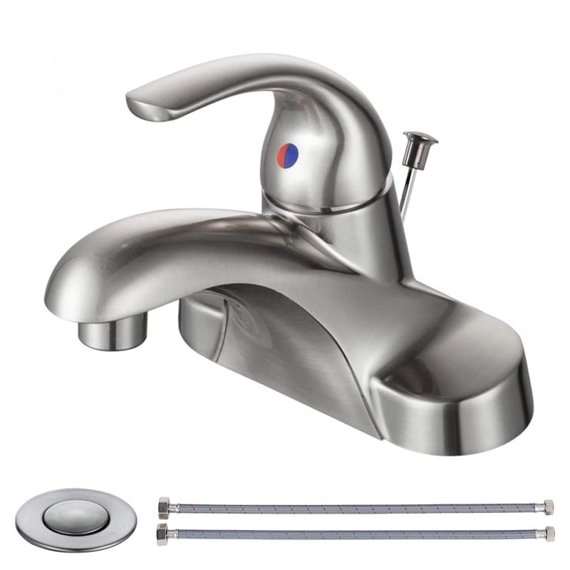 WOWOW Bathroom Faucet 1 Handle Low Arc Single Handle 4 inch Centerset Bathroom Sink Faucet with Pop Up Drain Assembly Basin Mixer Tap Brushed Nickel Vanity Faucets - Image 1